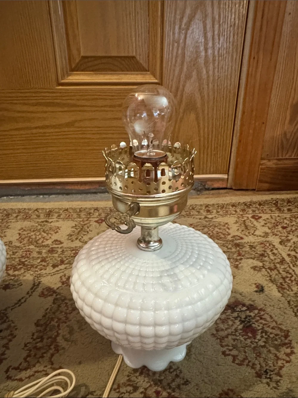 VTG 50’s White Milk Glass Hobnail Pattern Lantern-Style Table Lamps, Pair 17”